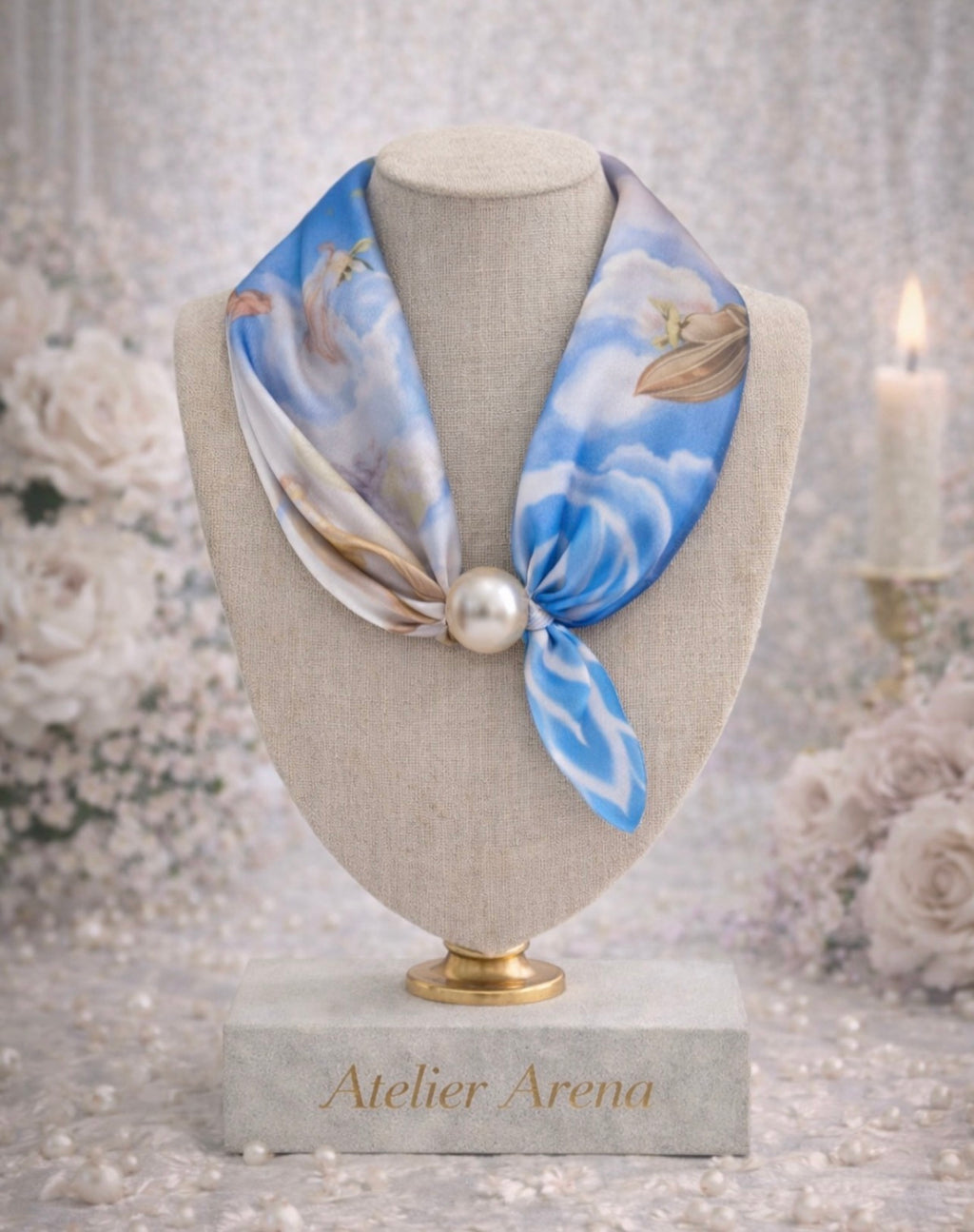 Sjaaltje Blauw & Beige met parel