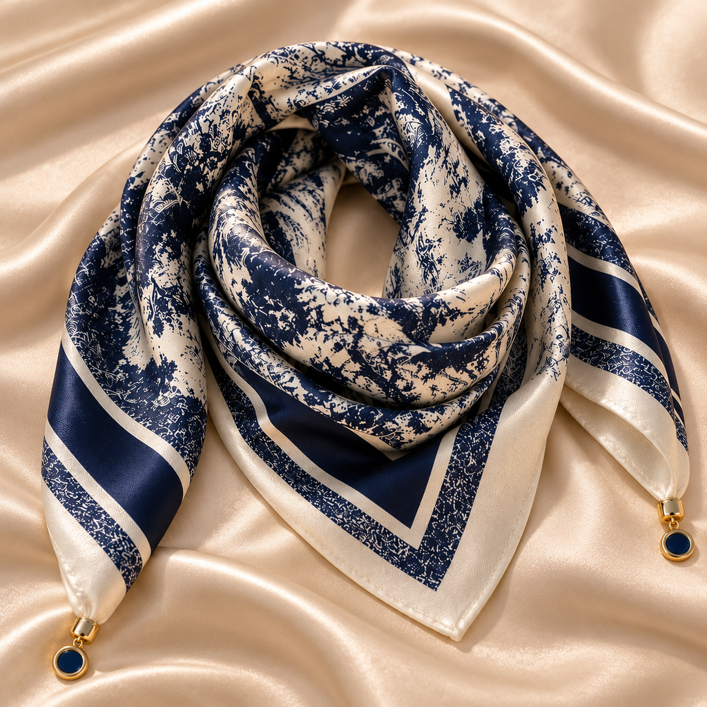 Satijnen Sjaal met Blauw Toile de Jouy Design