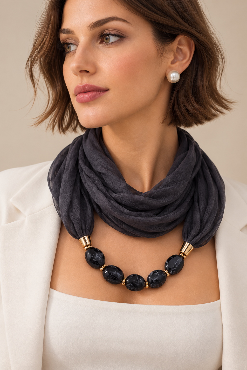 Collar de bufanda negro con piedras negras