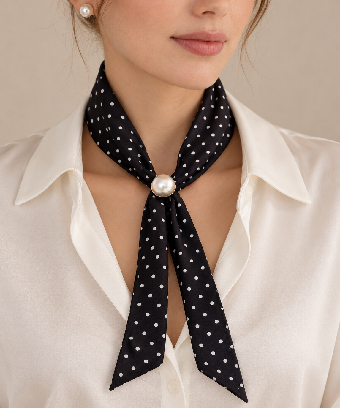 Écharpe noir et blanc à pois avec boucle perlée