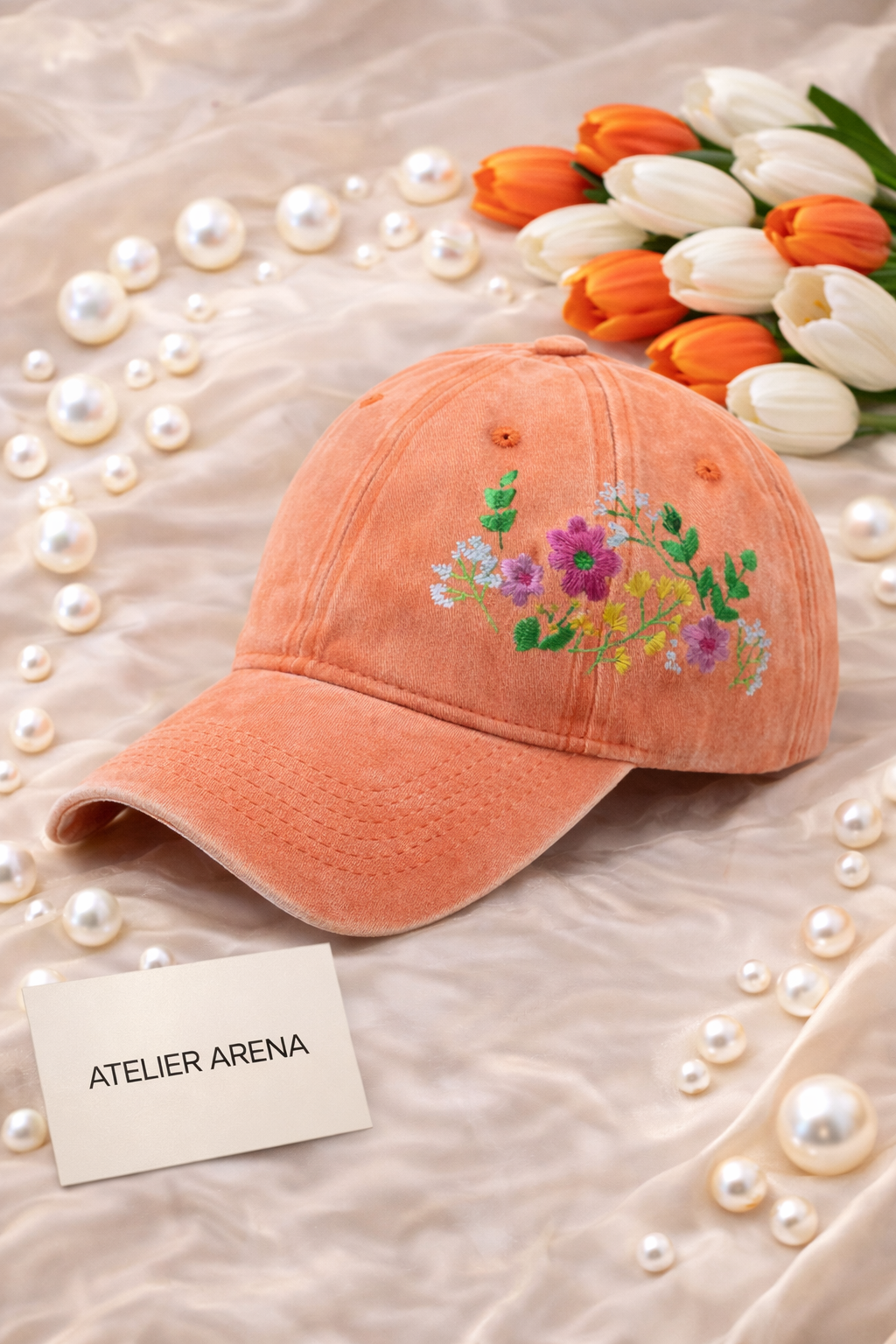 Orange Cap with Flower Detail