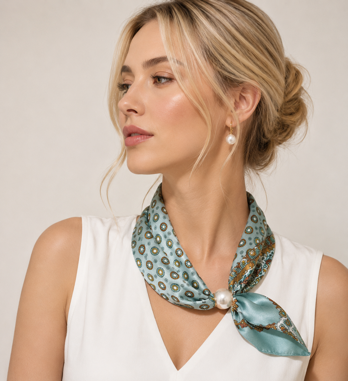 Luxury Satin Scarf Necklace with Pearl Detail – Light Blue Women's Scarf
