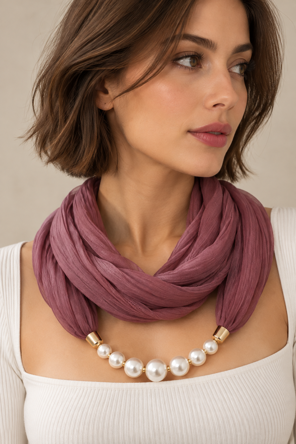 Mauve Scarf Necklace with Pearls