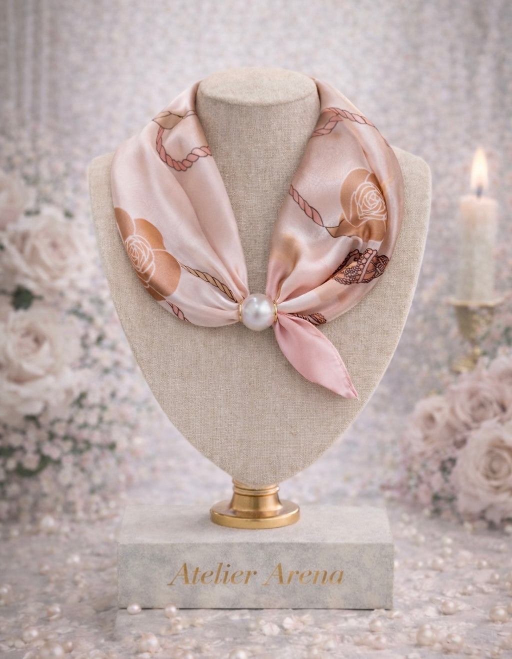 Écharpe rose à motif de roses et perle