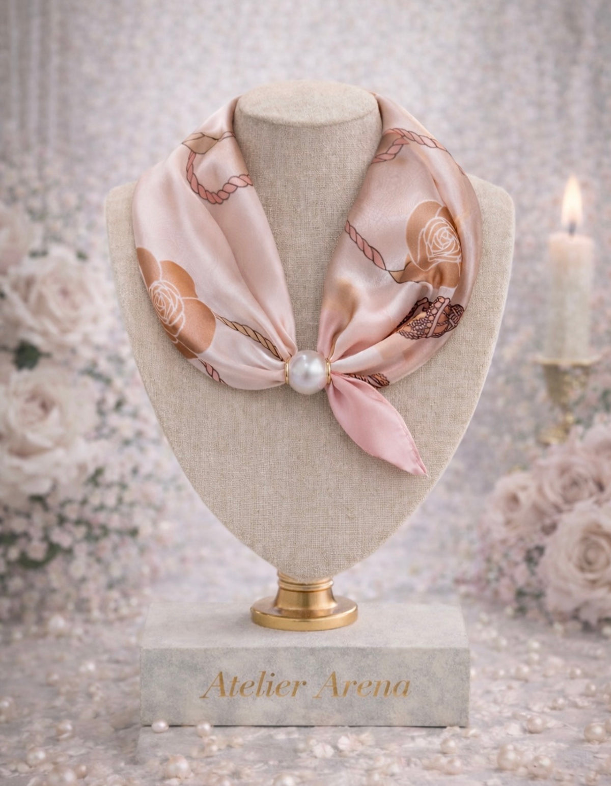 Écharpe rose à motif de roses et perle