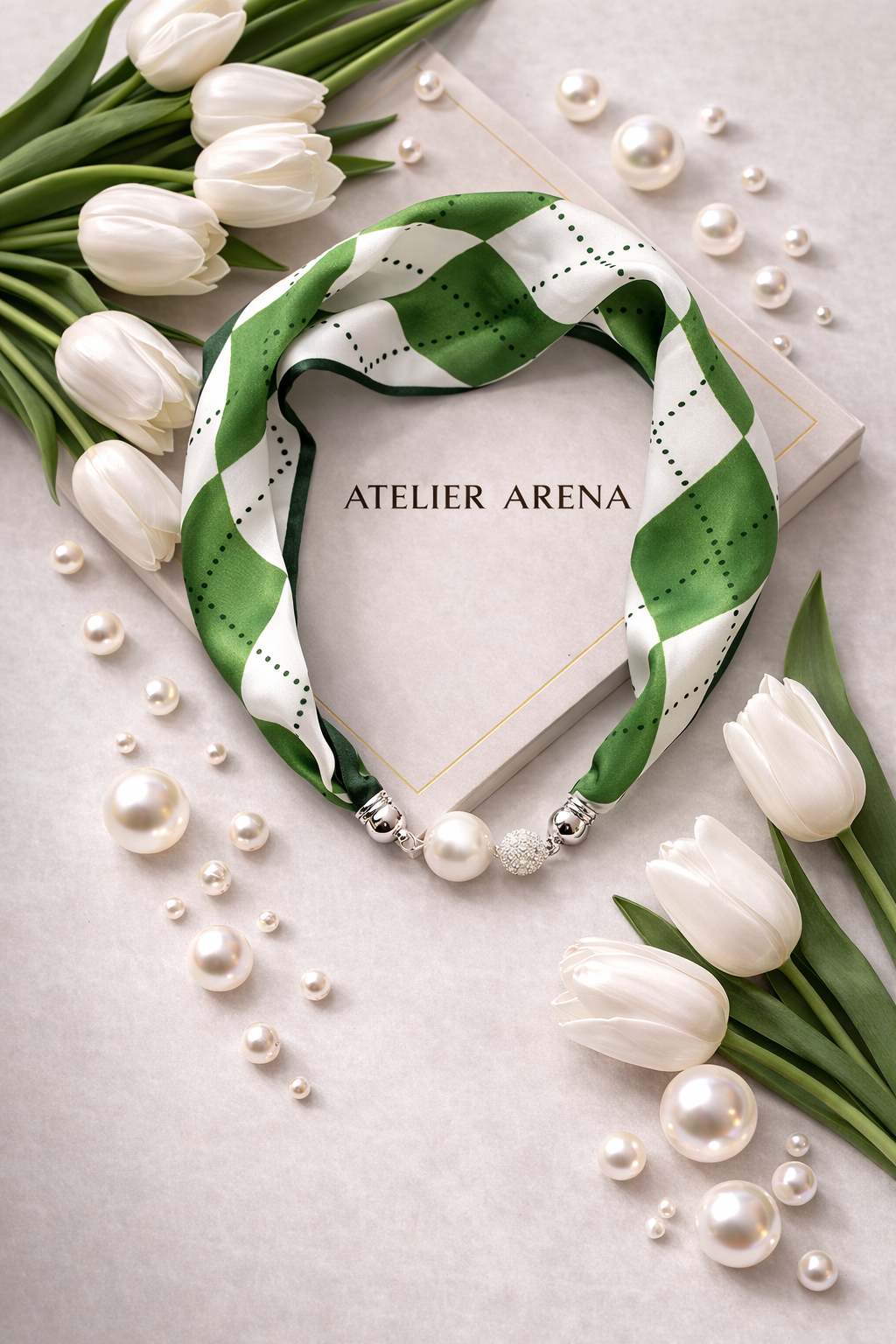 Green-White Scarf with Wave Pattern and Pearl Necklace