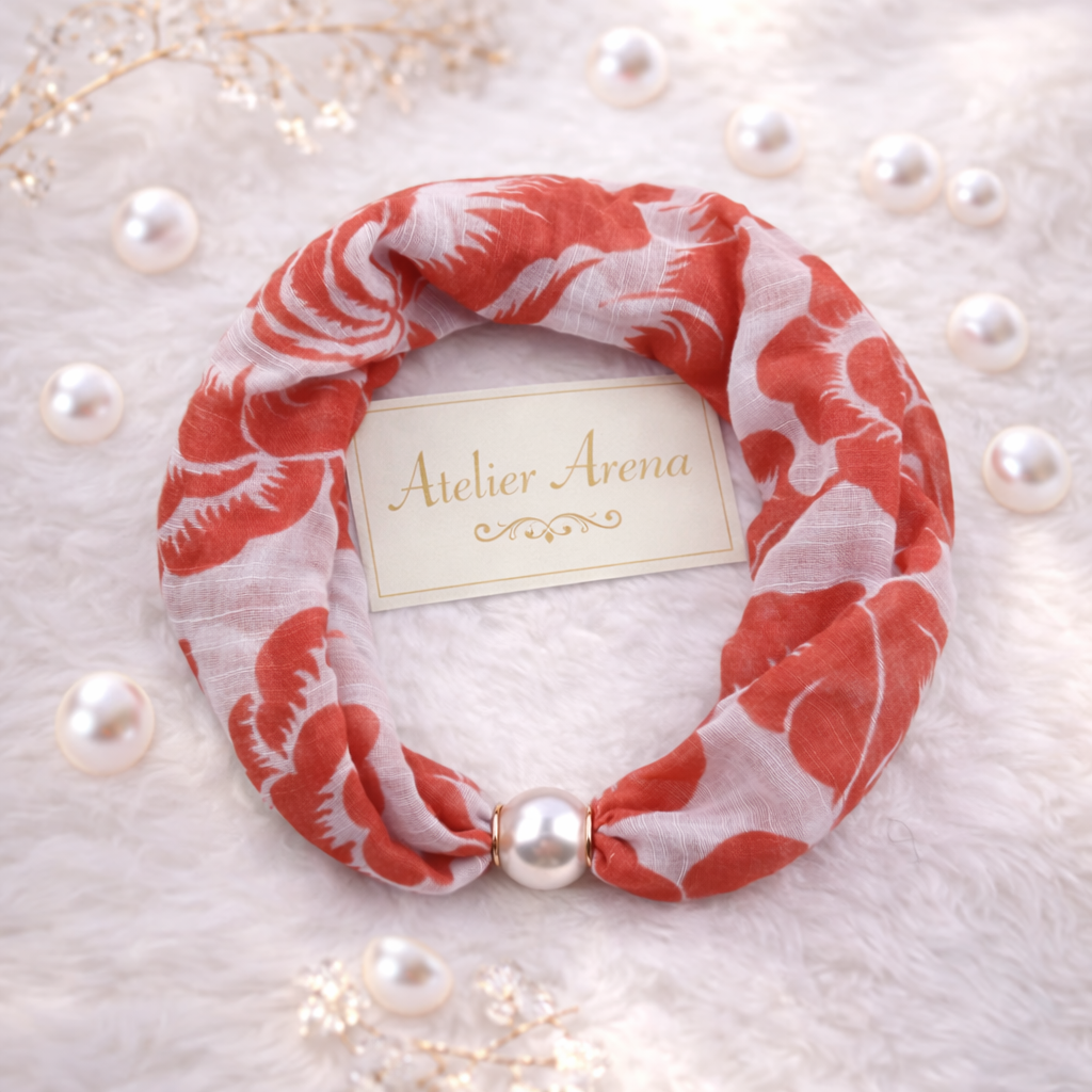 Coral Red Scarf with Rose Motif and Pearl
