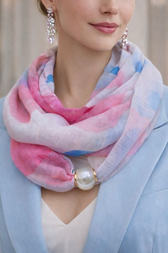 Zijden Sjaal met Parel - Roze Blauw Aquarel