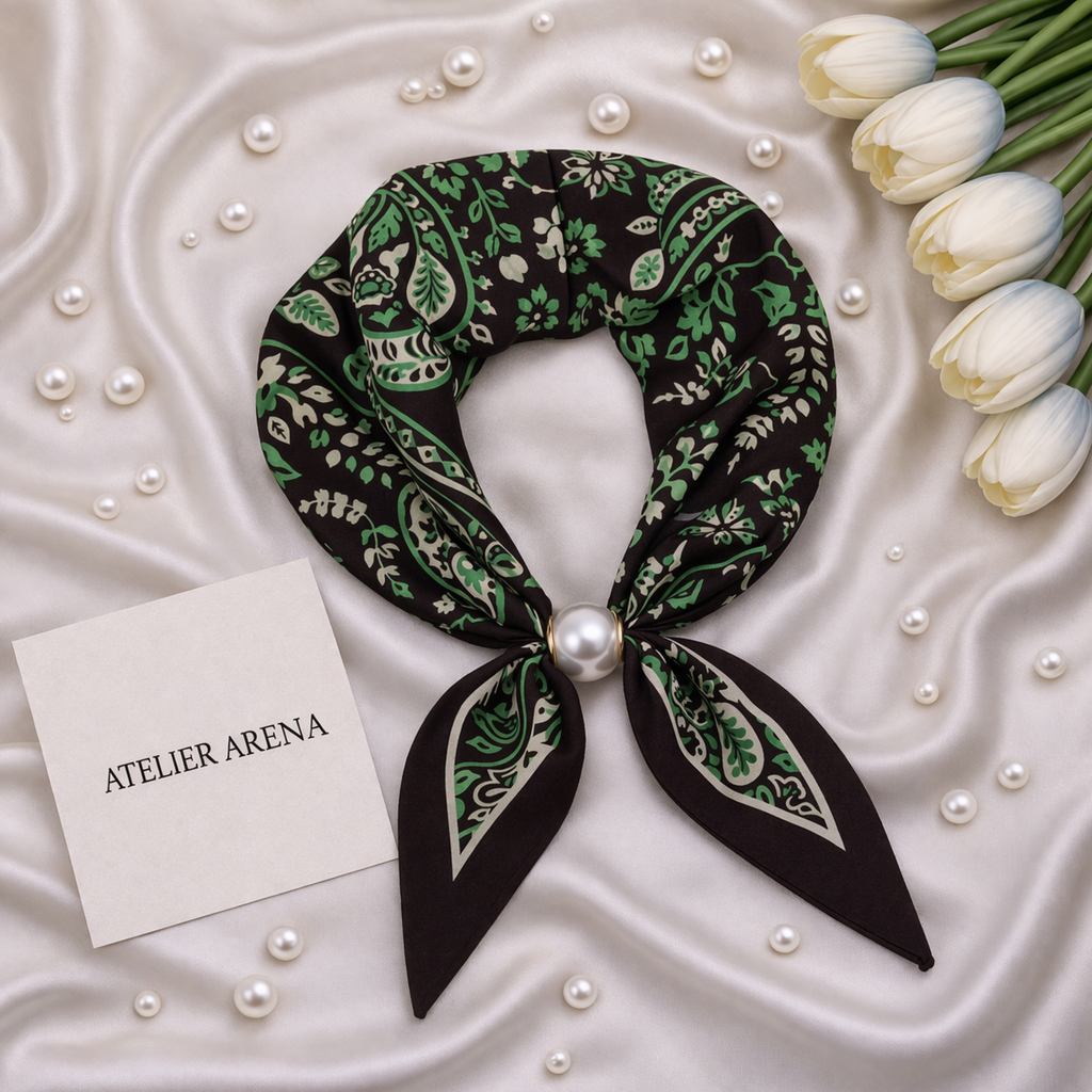 Dark Brown Scarf with Green Paisley Pattern and Pearl Detail