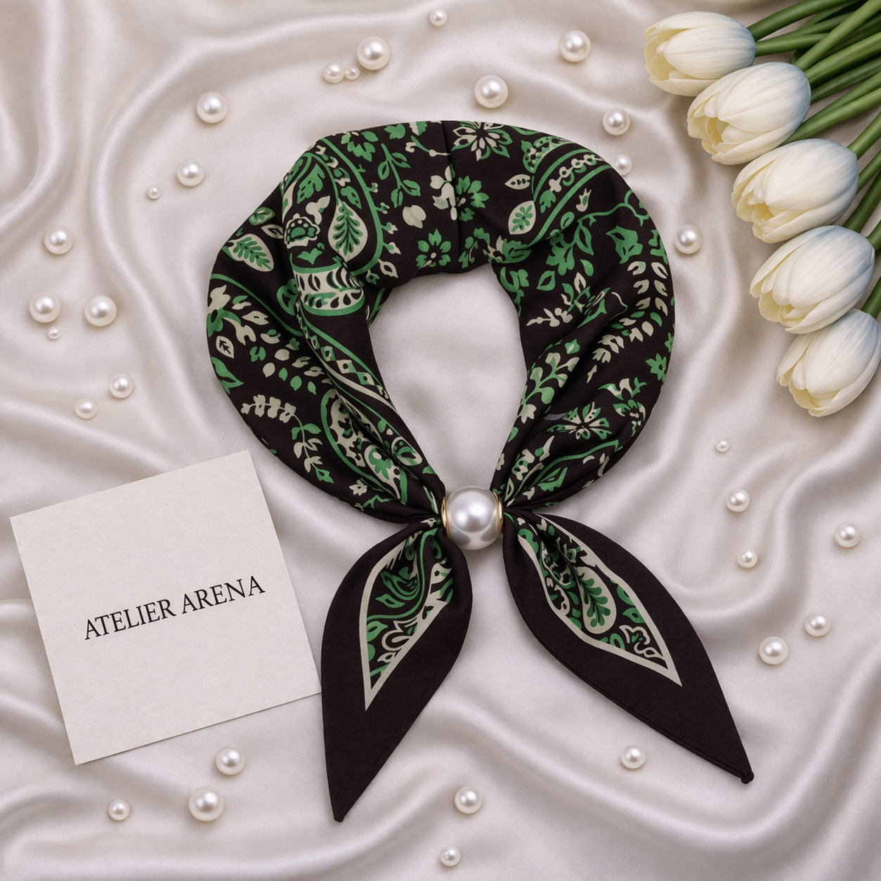 Dark Brown Scarf with Green Paisley Pattern and Pearl Detail