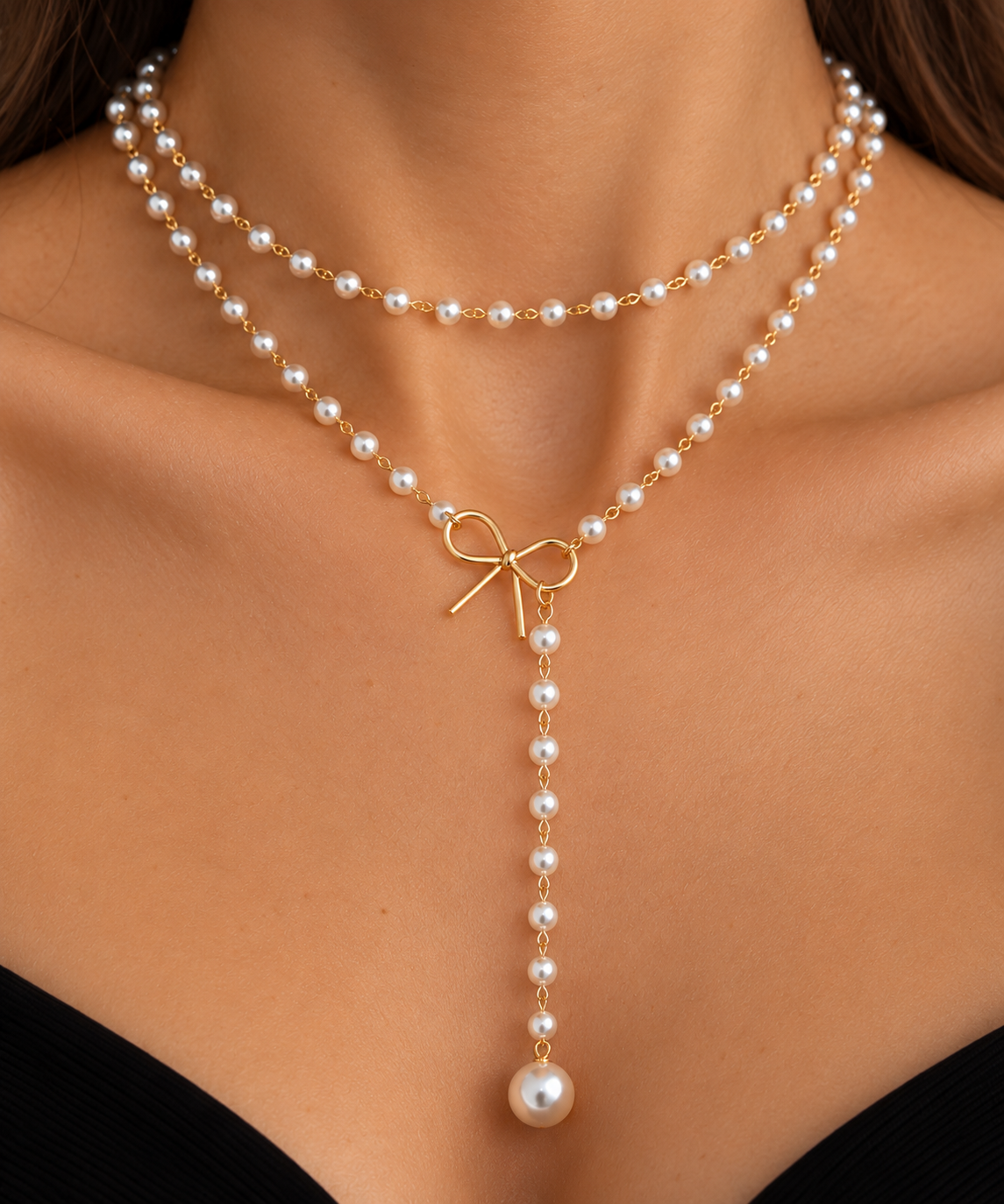 Dubbele Laags Parelketting met Strik Detail