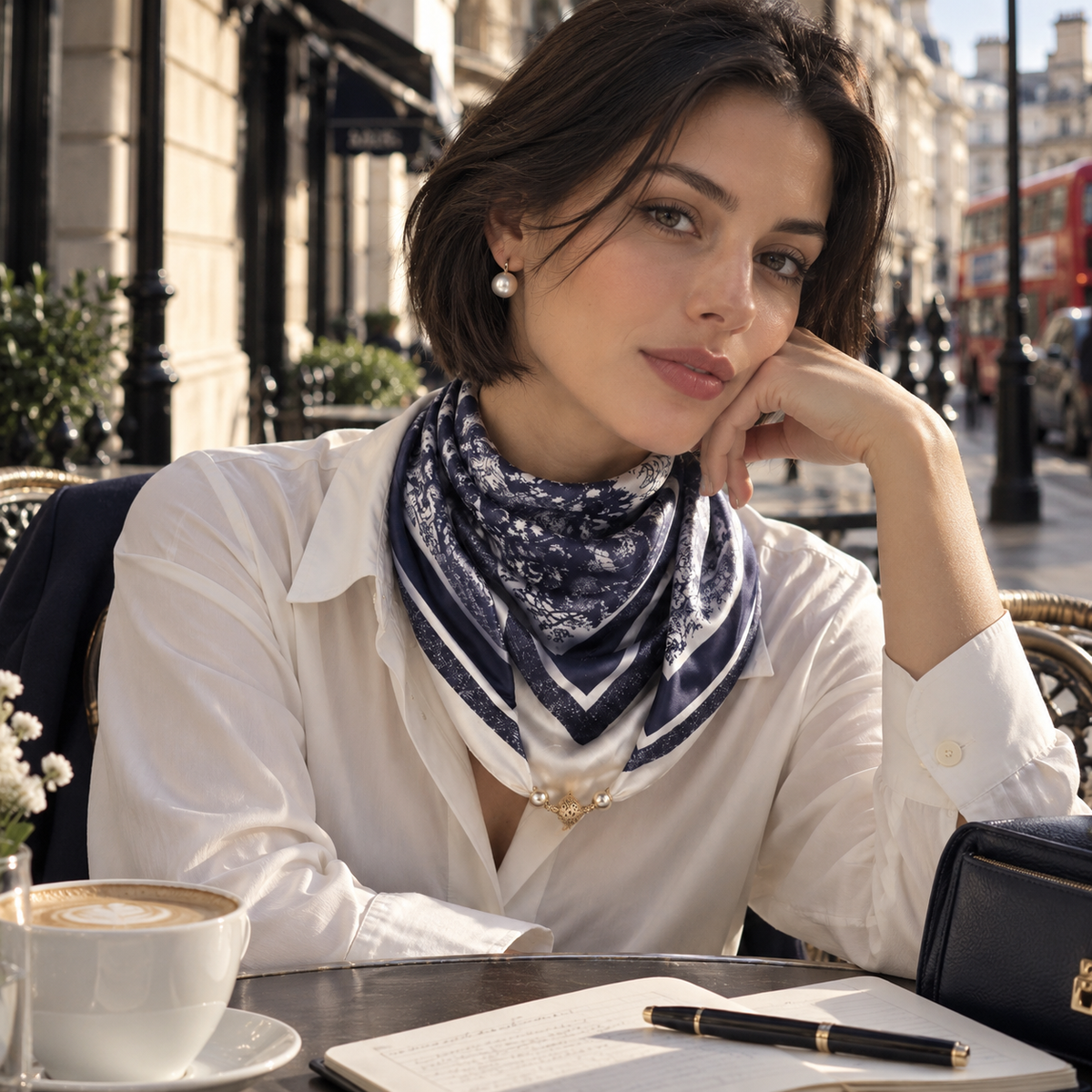 Luxury Satin Toile de Jouy Scarf – Navy & Ivory
