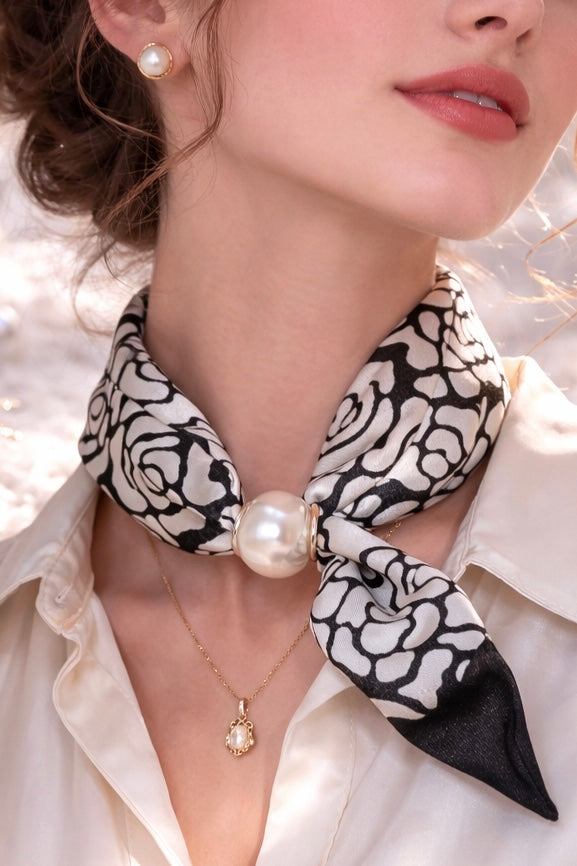 Scarf with rose print and pearl accent