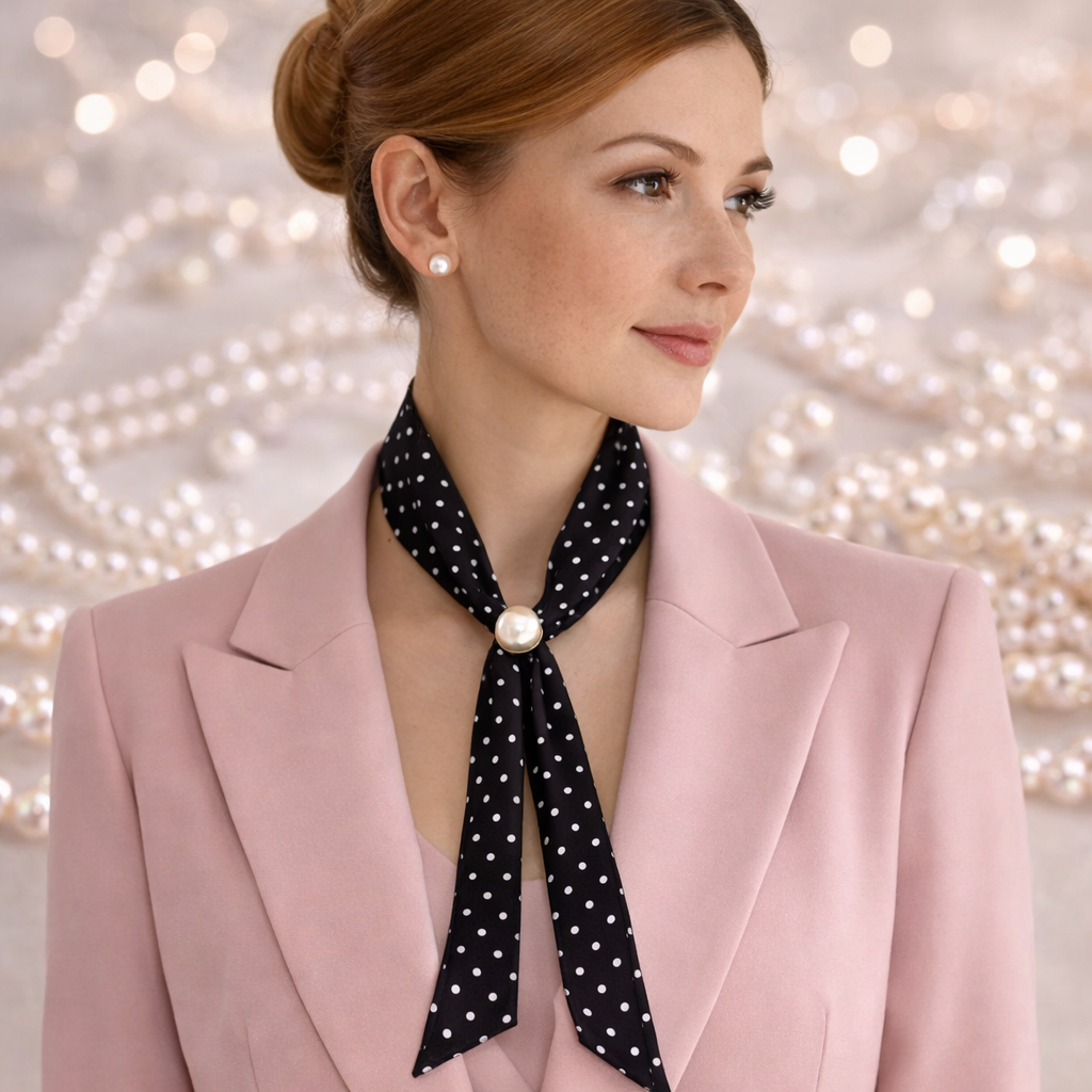 Black and white polka dot scarf with pearl buckle