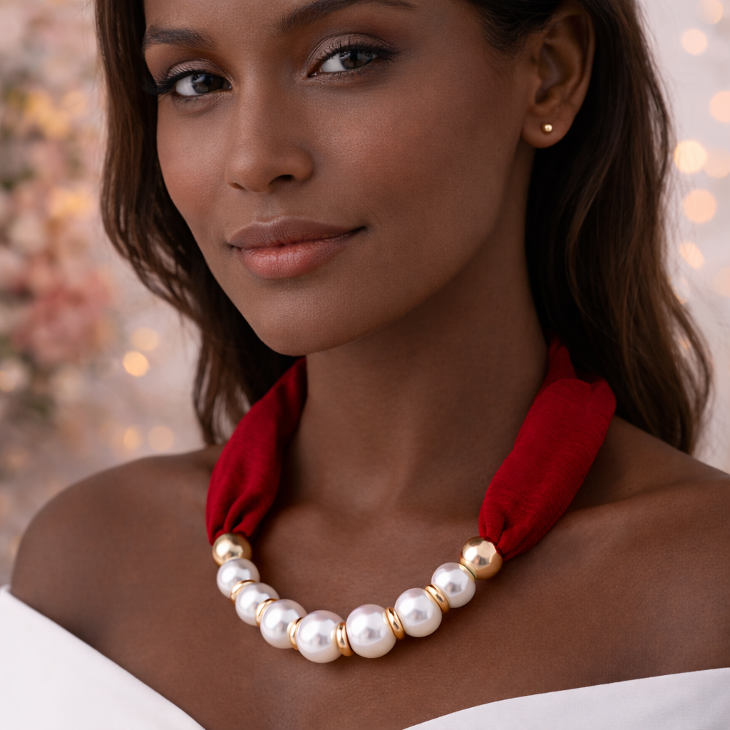 Parel Ketting met Rode Zijden Band