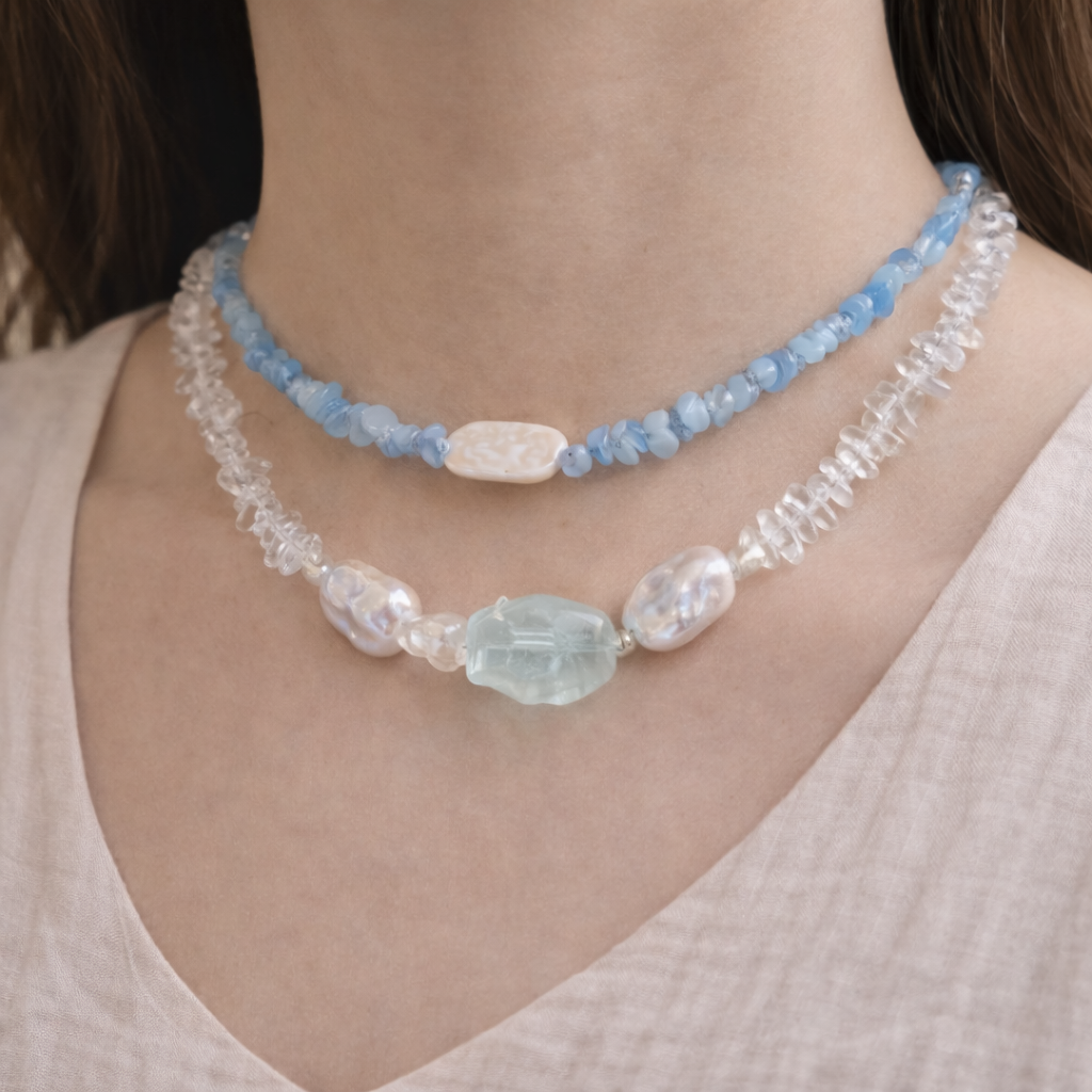 Zoetwaterparel en Aquamarijn Bohemian Ketting Set