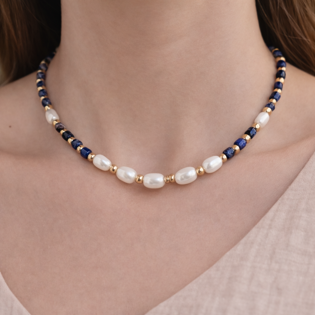 Zoetwaterparel en Lapis Lazuli Ketting