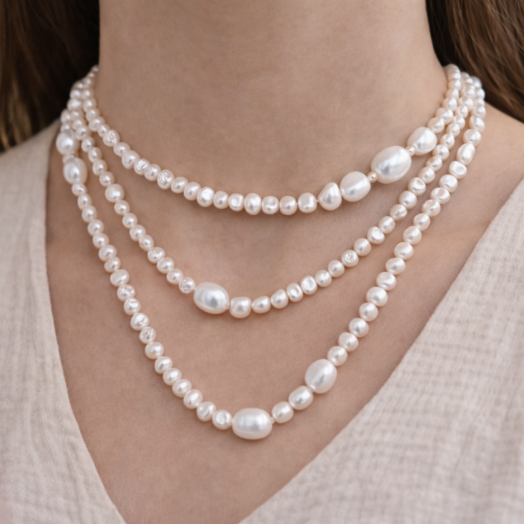 Zoetwaterparel Ketting 120 cm - Drievoudig Gelaagd