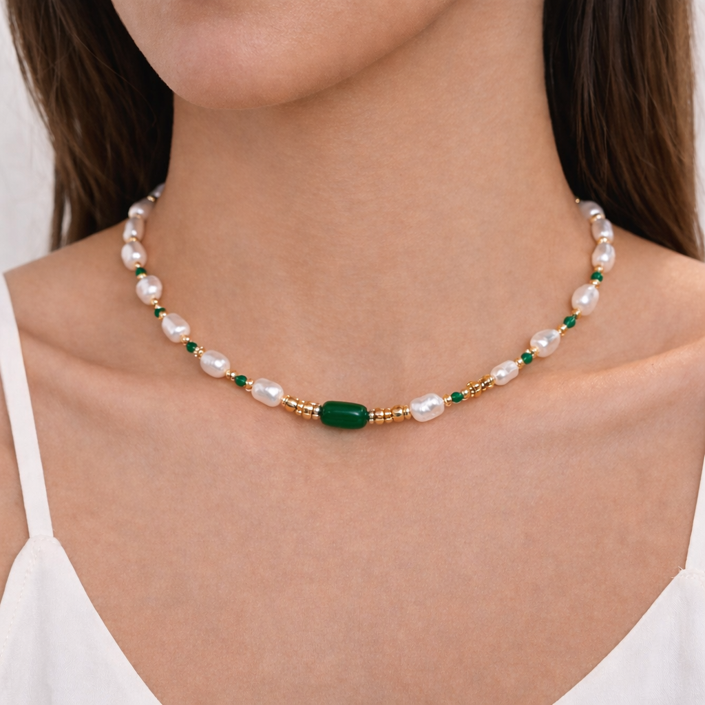 Zoetwaterparel en Jade Steen Ketting