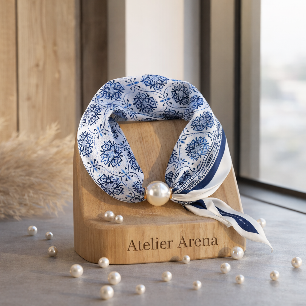 Blauw-Wit Sjaaltje met Ornamenteel Patroon en Parel