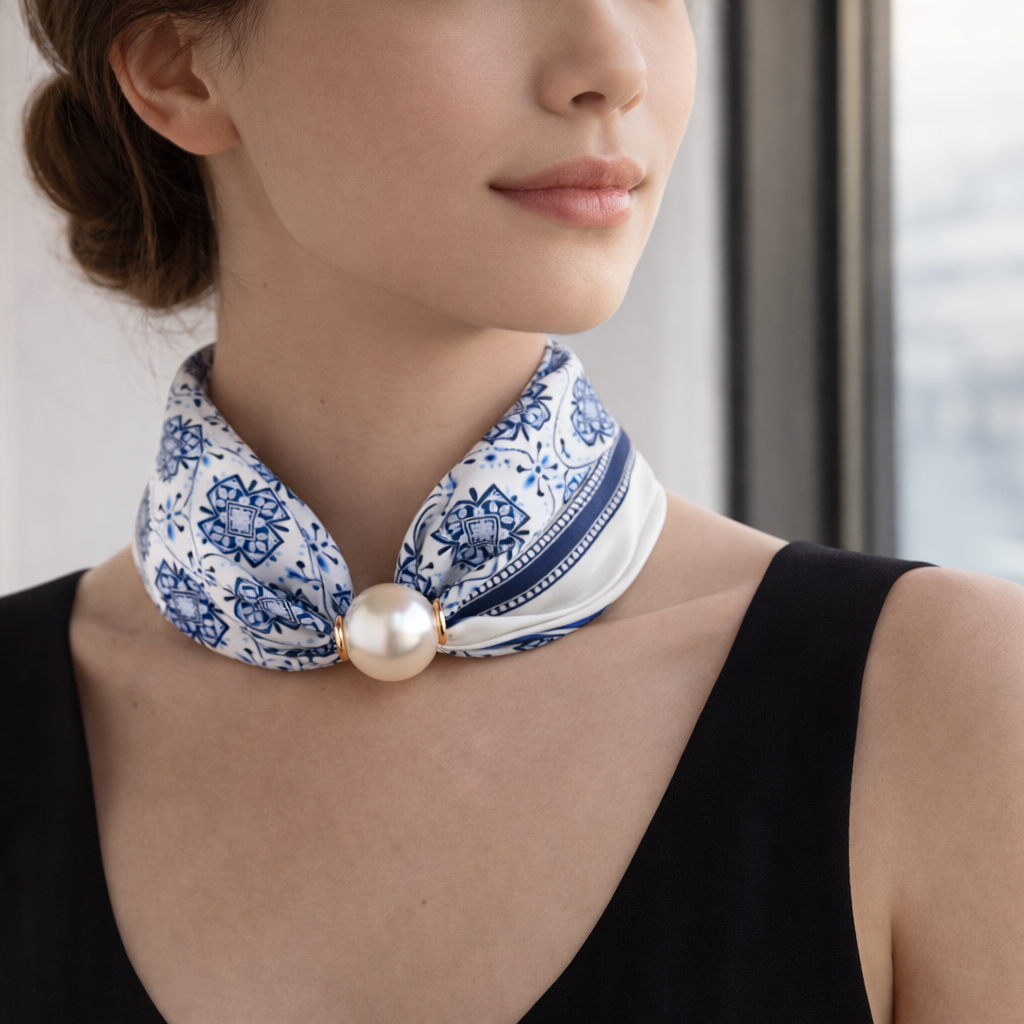 Blauw-Wit Sjaaltje met Ornamenteel Patroon en Parel