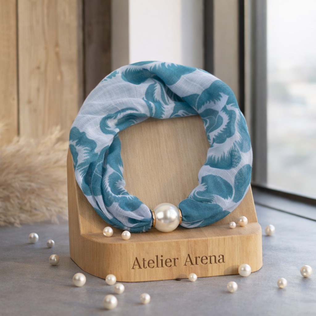 Turquoise Bloemen Print Sjaaltje met Parel