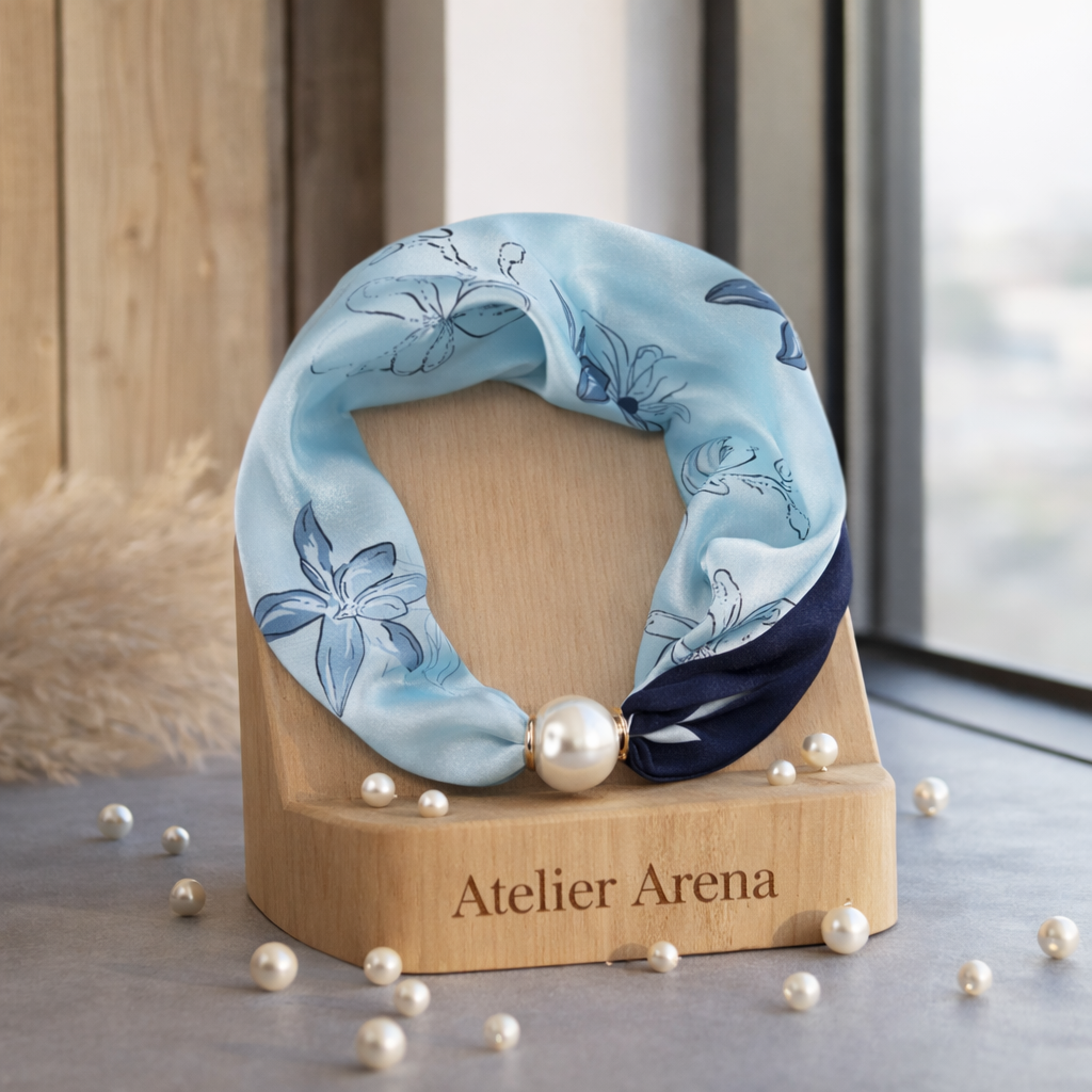 Lichtblauw Bloemen Print Sjaaltje met Donkerblauw Accent en Parel