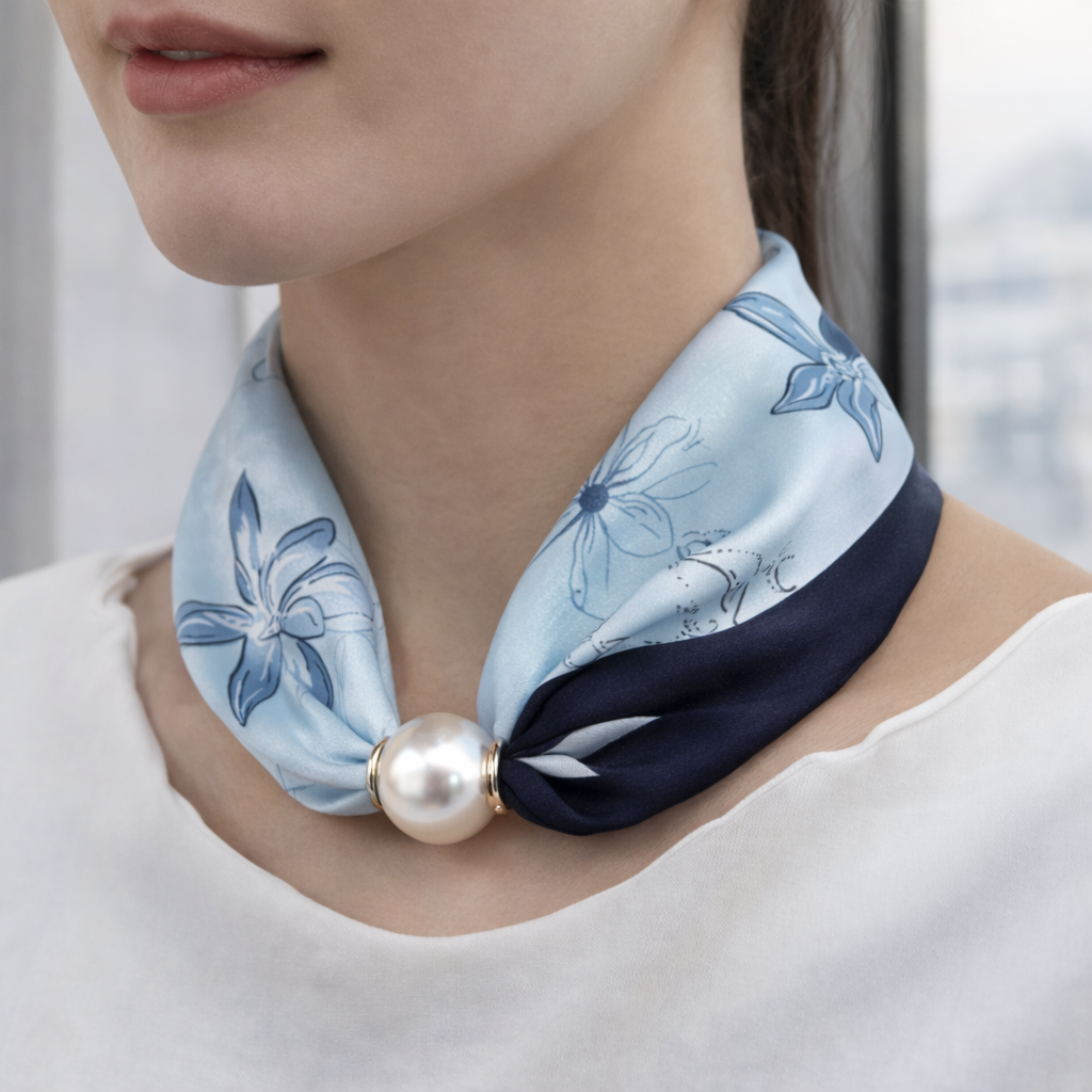 Light Blue Floral Print Scarf with Dark Blue Accent and Pearl