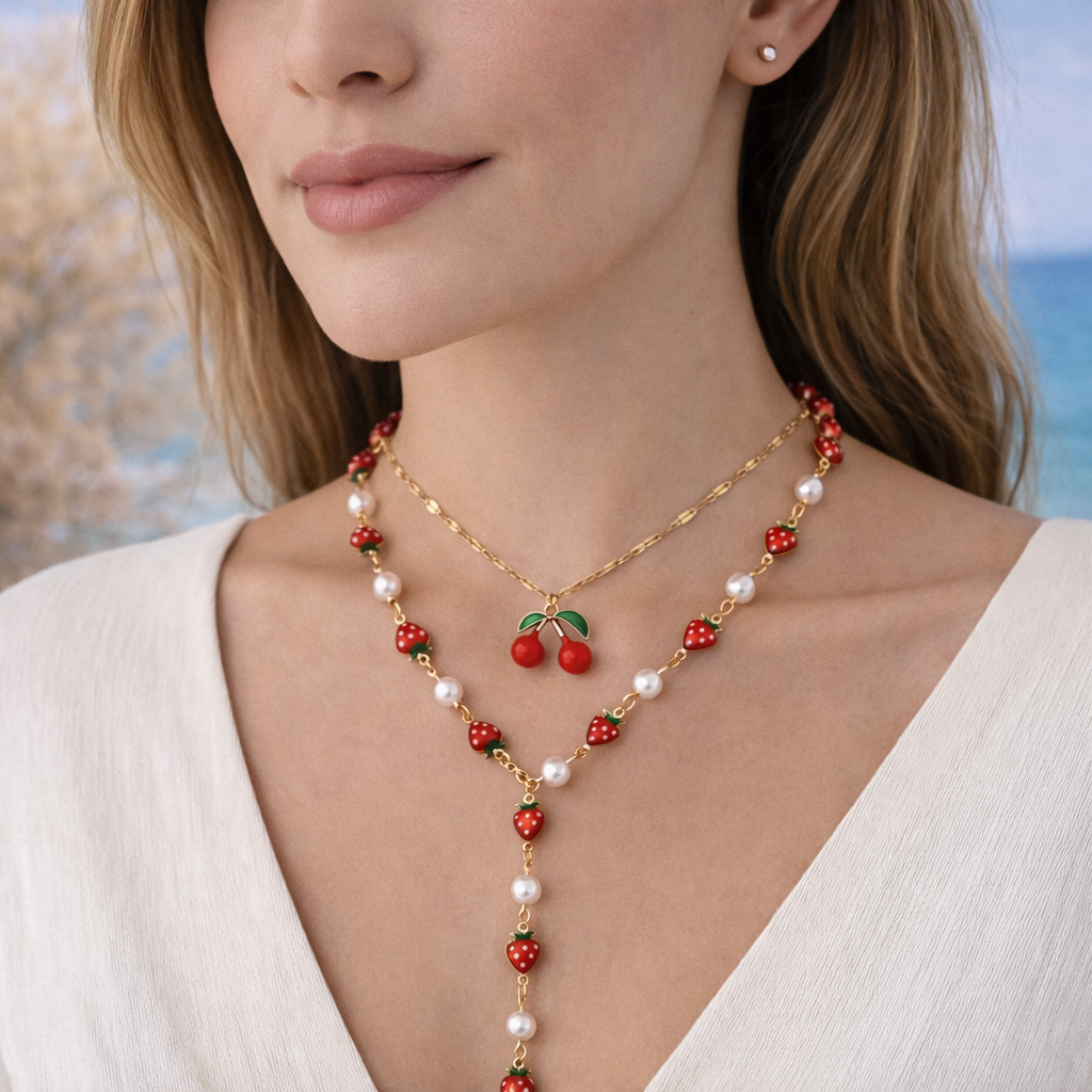 Ketting met Kersen en Aardbeien Bedels - Parels en Goudkleurige Ketting
