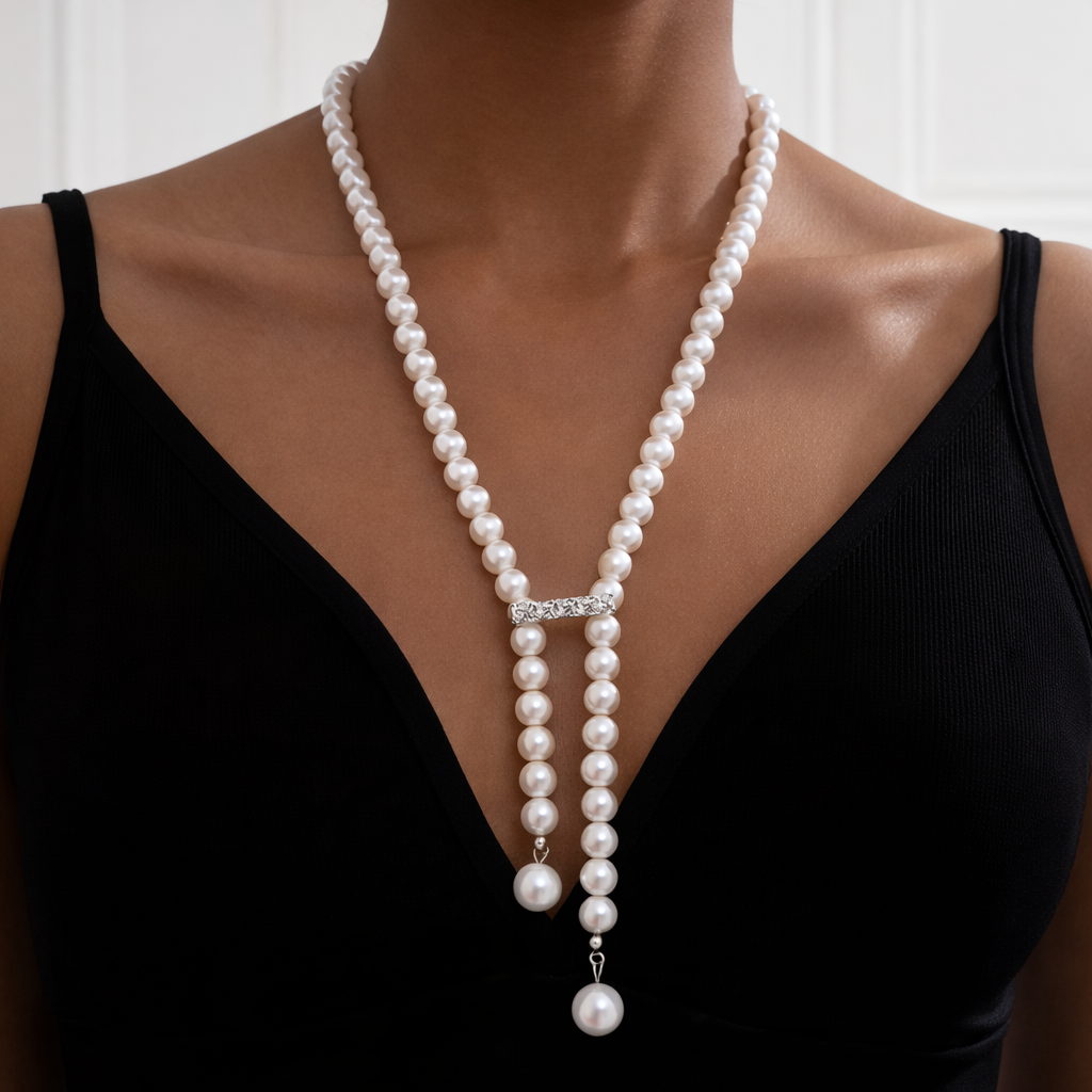 Lange Parelketting met Kristallen Schuif - Y-Ketting