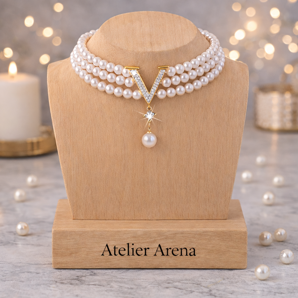 Luxury Pearl Choker with V-Pendant - Triple Pearl Necklace
