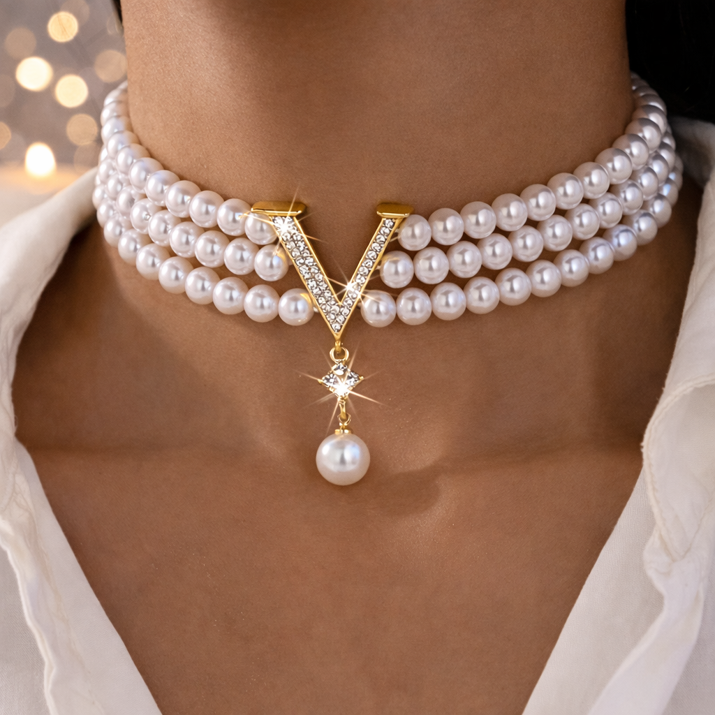 Luxe Parelchoker met V-Hanger - Driedubbele Parelketting