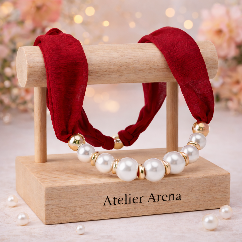 Parel Ketting met Rode Zijden Band