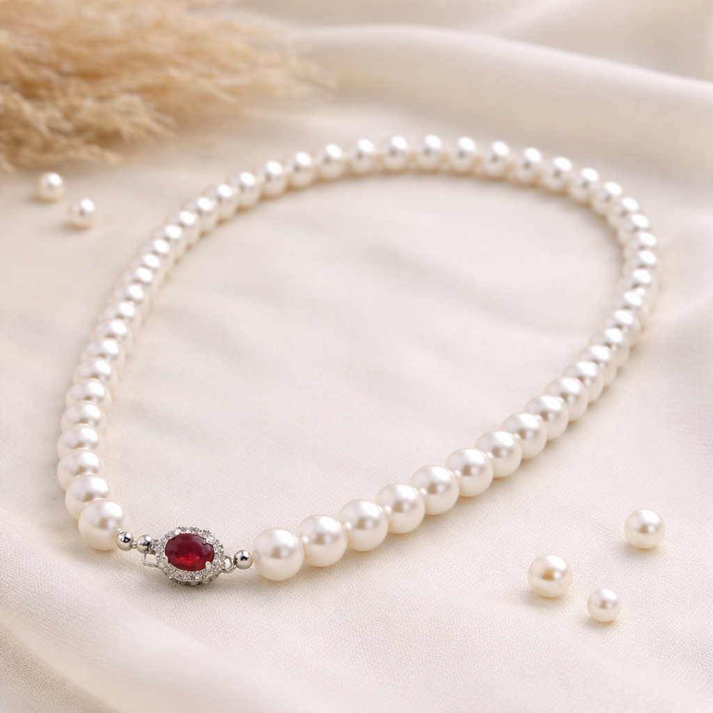 Zoetwaterparel Ketting met Rode Edelsteen