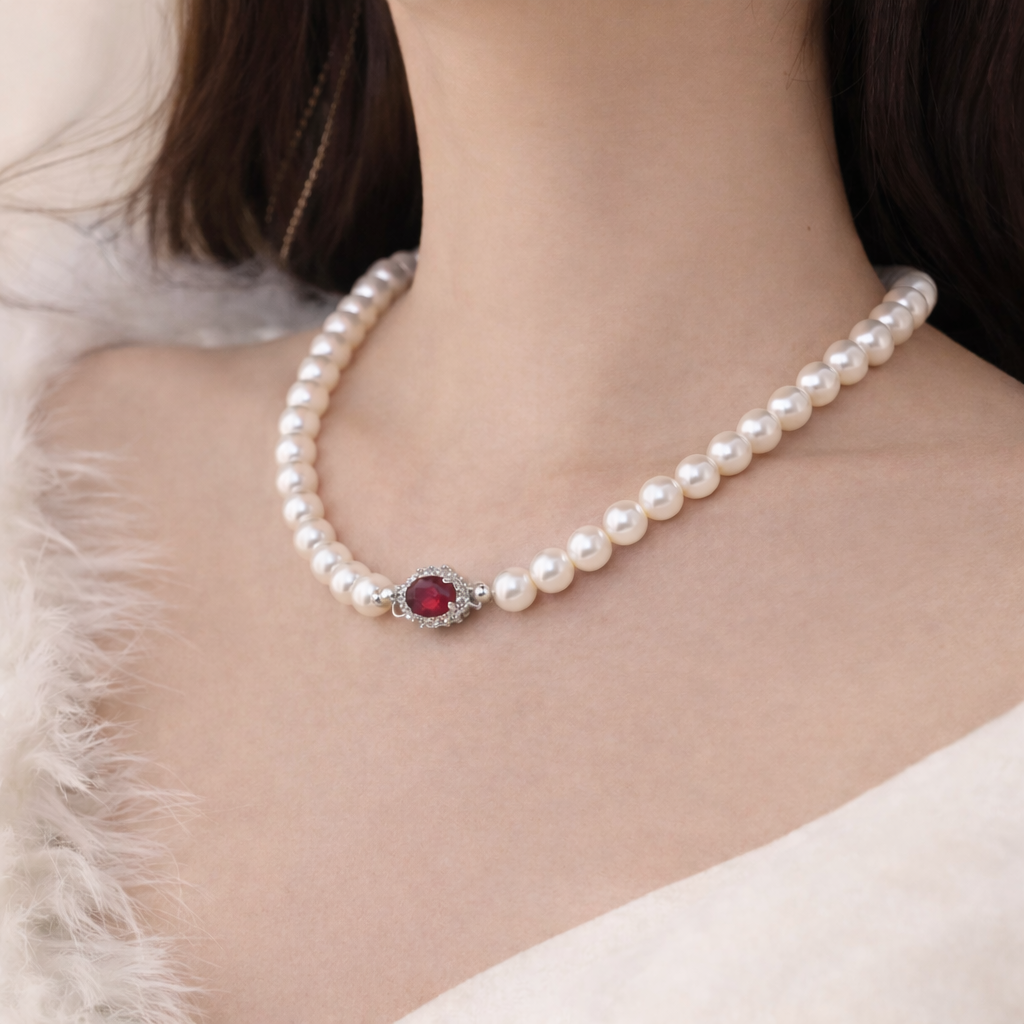 Freshwater Pearl Necklace with Red Gemstone
