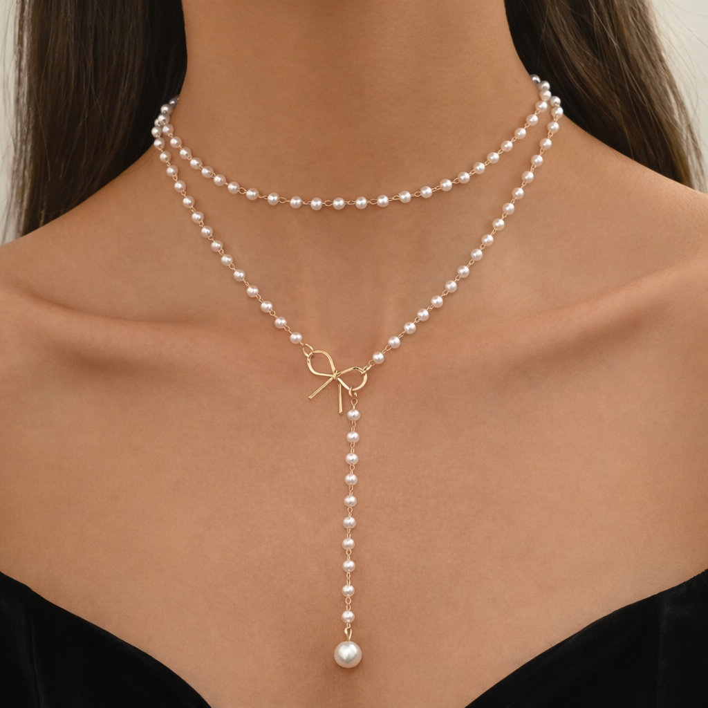 Dubbele Laags Parelketting met Strik Detail