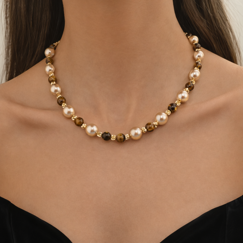 Zoetwaterparel en Tijgeroog Ketting