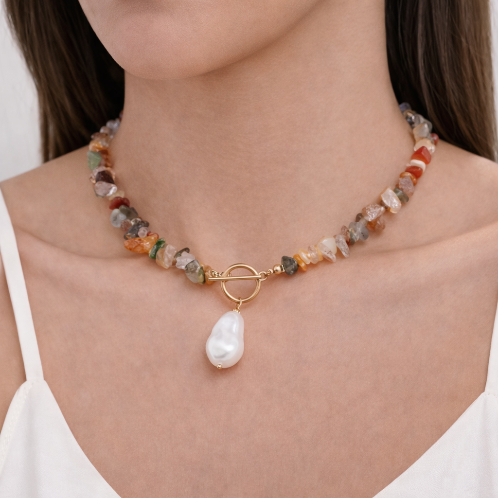 Gemstone Necklace with Freshwater Pearl Pendant