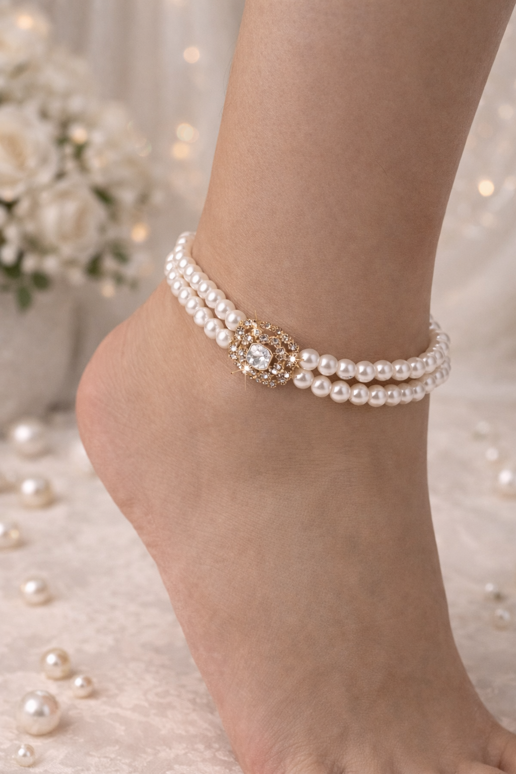 Dubbele Parel Enkelband met Gouden Sluiting