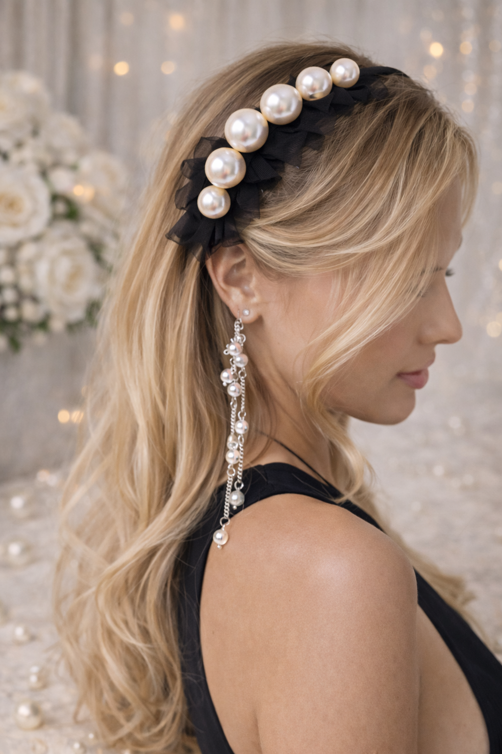 Parel Haarband met Kristallen Hanger - Zwart