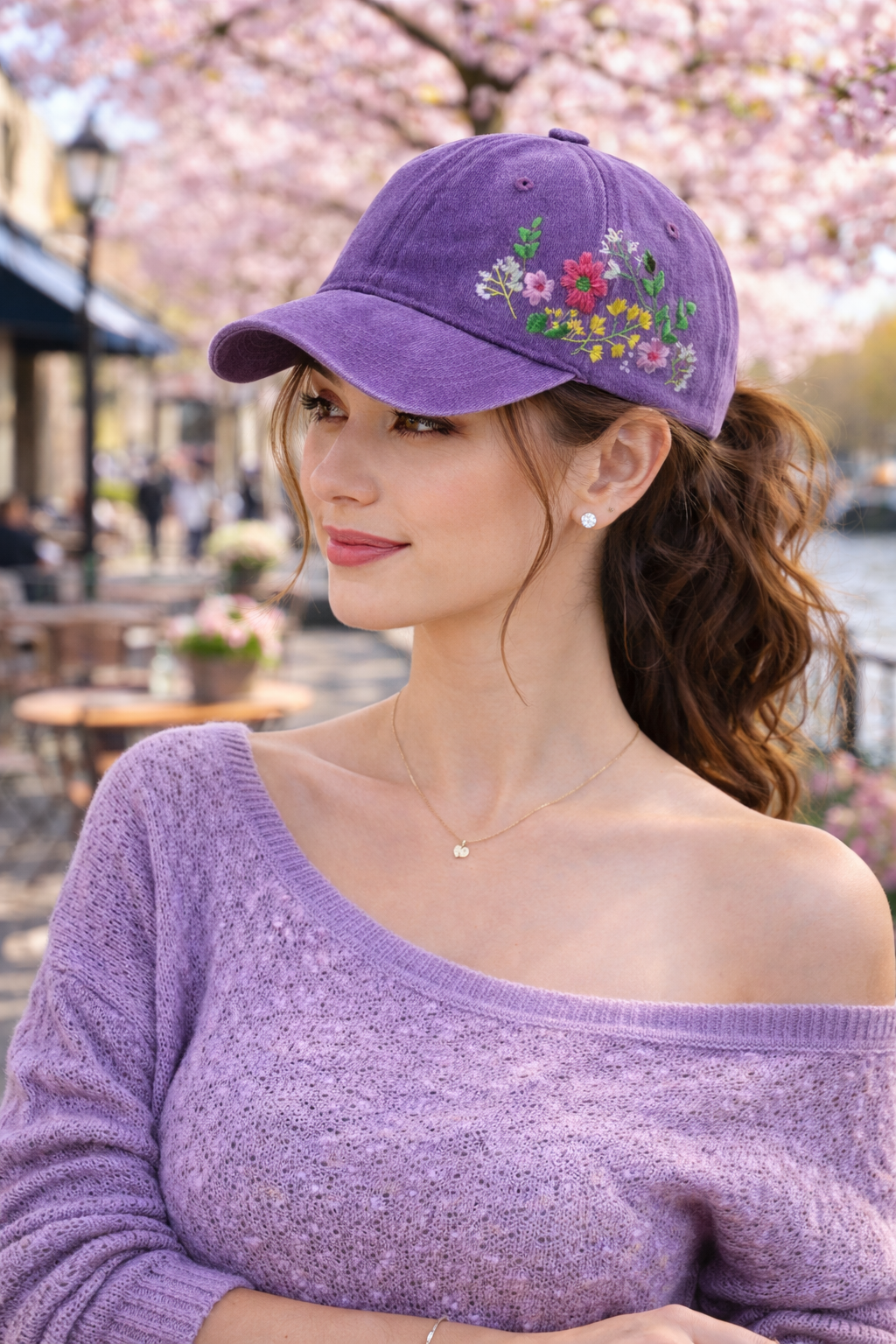 Purple Cap with Flower Detail