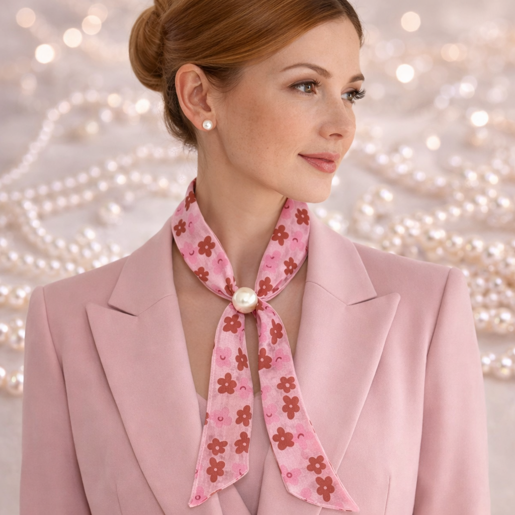 Pink Floral Scarf with Pearl Buckle