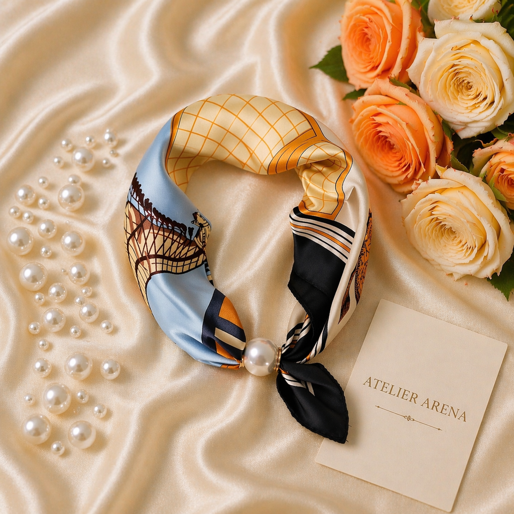 Luxe Satijnen Sjaal met Parel – Klassiek Blauw Goud