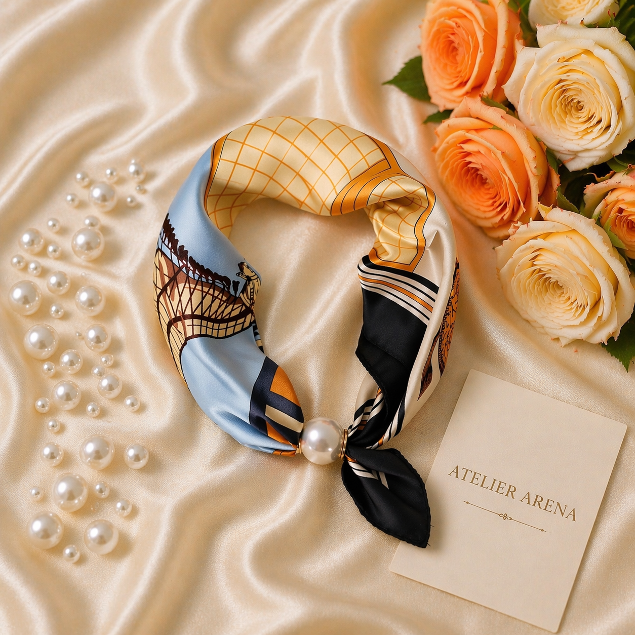 Luxe Satijnen Sjaal met Parel – Klassiek Blauw Goud