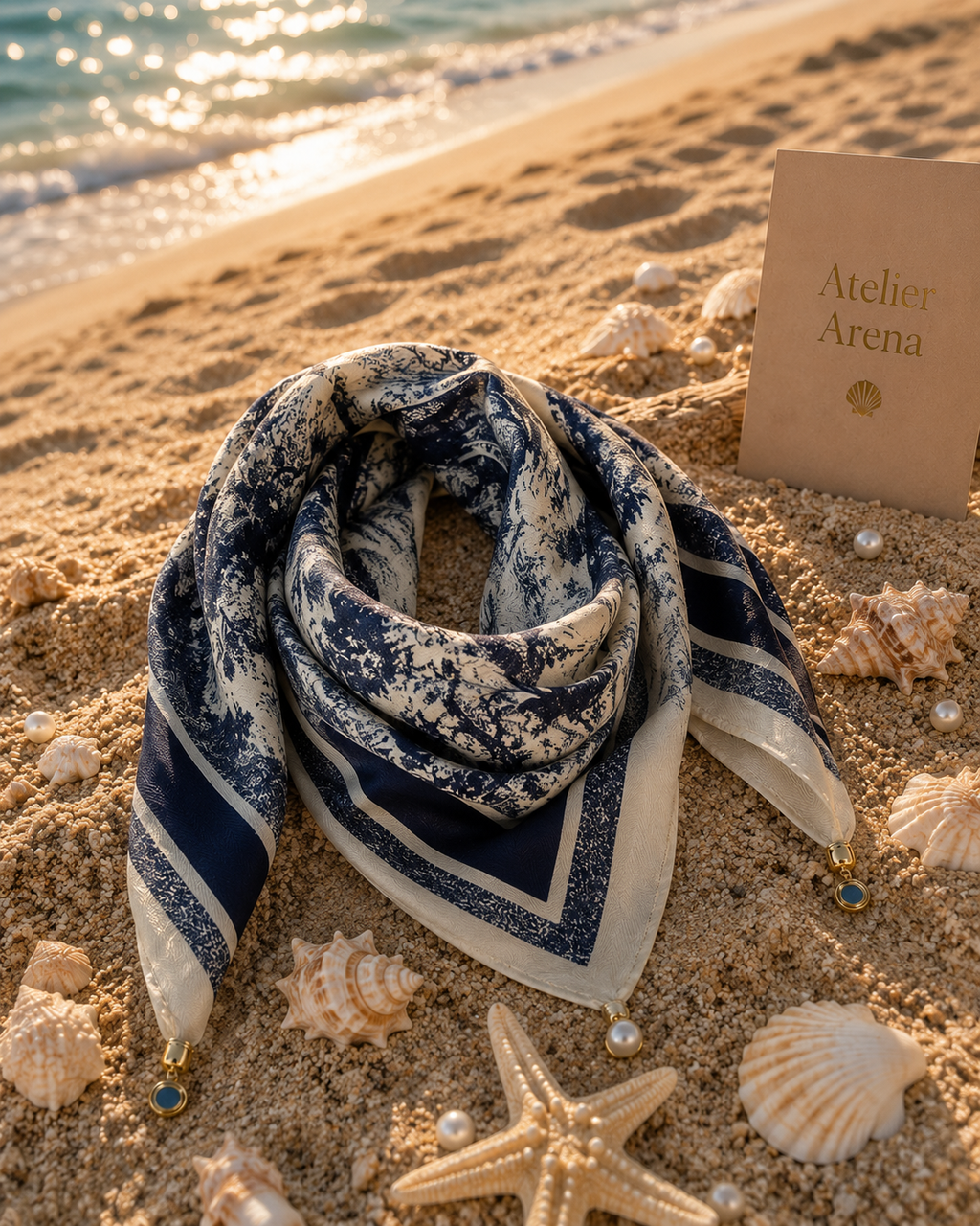 Satin-Schal mit blauem Toile de Jouy Design