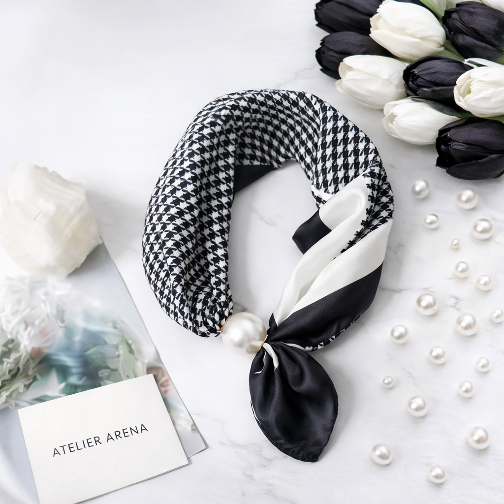 Black and White Scarf with Pied-de-Poule Pattern and Pearl