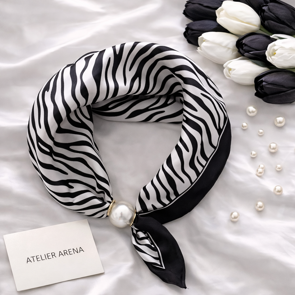 Black and White Scarf with Zebra Print and Pearl