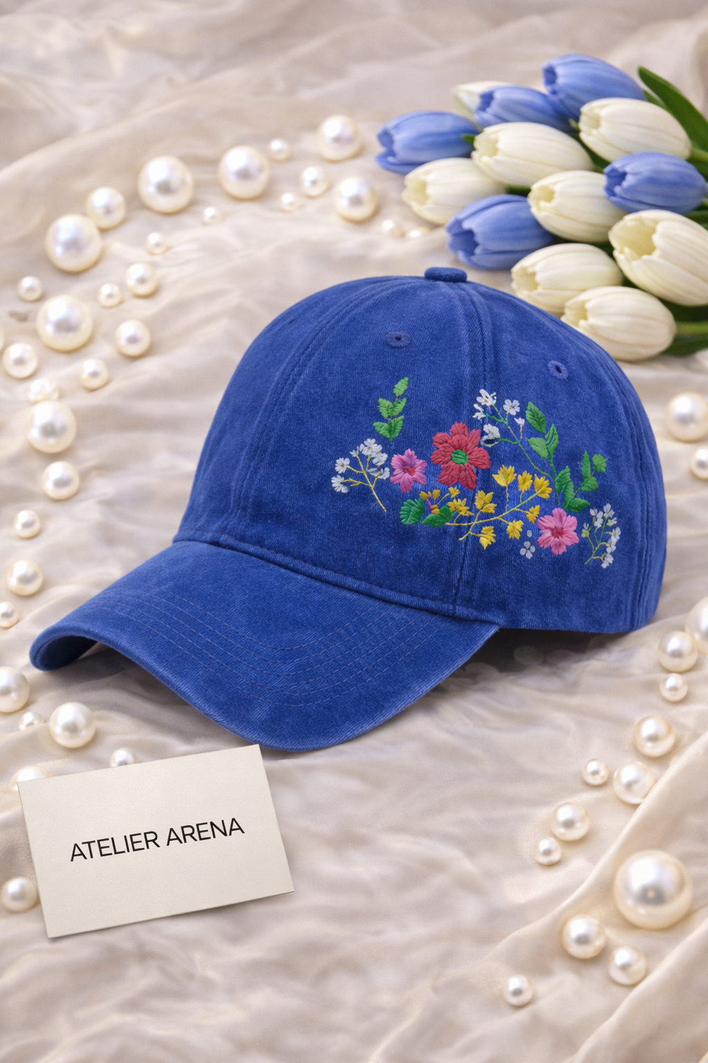 Blue Cap with Flower Detail