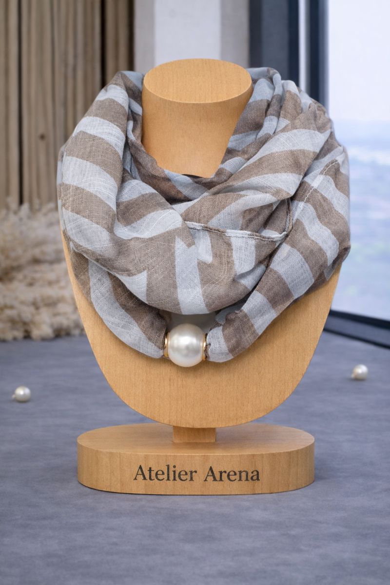Luxury Striped Scarf with Pearl - Taupe