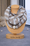 Luxury Striped Scarf with Pearl - Taupe